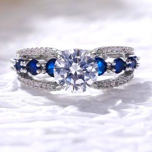 Exquisite Blue and White Sapphire 925 Sterling Silver Engagement Ring Size 7